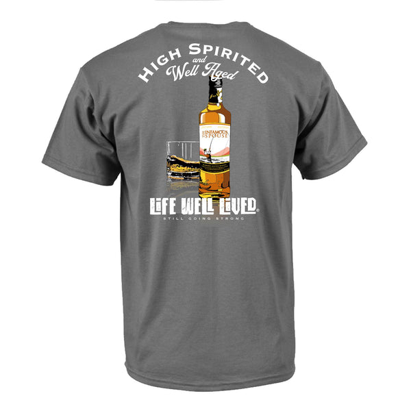 Back view of the grey High Spirited whisky T‑Shirt featuring the bottle and glass graphic with High Spirited and Life Well Lived text.