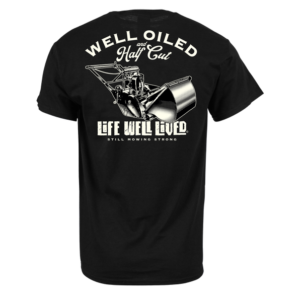 Black Well Oiled Half Cut T‑Shirt on a 3D mannequin showing the lawnmower back print.