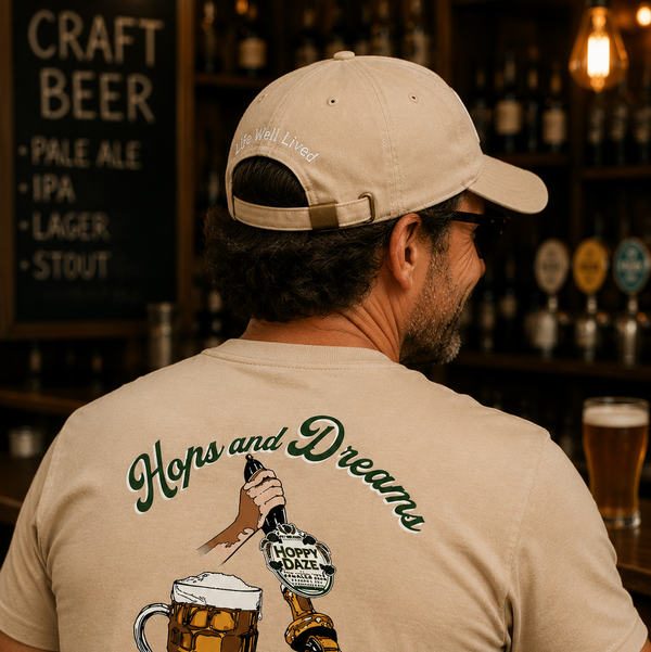 A man sitting at a bar, viewed from behind, wearing a beige t-shirt with a large beer-themed graphic on the back that reads 'Hops and Dreams' and 'Life Well Lived'.
