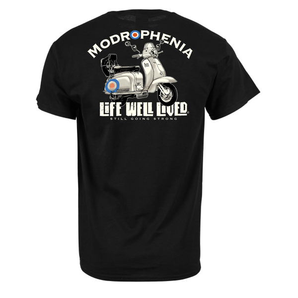 Back view of the black Modrophenia T‑Shirt featuring the detailed MOD scooter graphic with MODROPHENIA and Life Well Lived text.