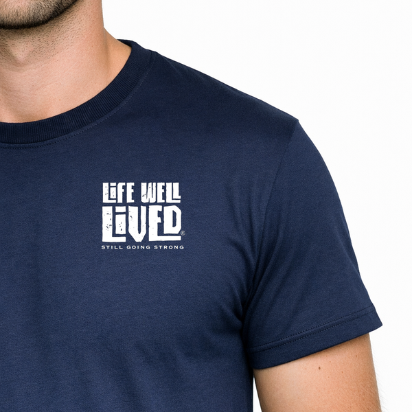 Navy blue t-shirt with 'Life Well Lived' text on a white background