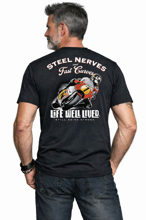 Man wearing a black t-shirt with motorcycle graphic and text on the back