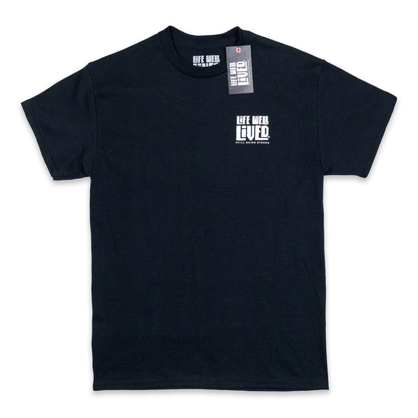 A classic black mens graphic Tee with simple white graphics depicting an old hotrod car on the back in white, the strapline reads 'Well Oiled & still Going Strong'