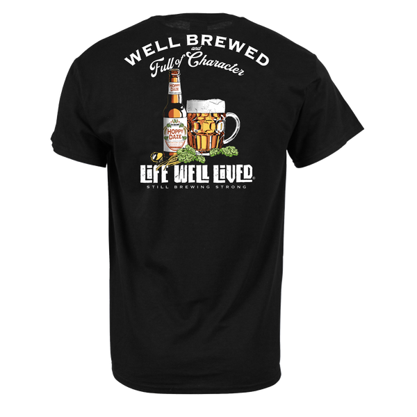 Black t-shirt with beer-themed graphic and text on a white background