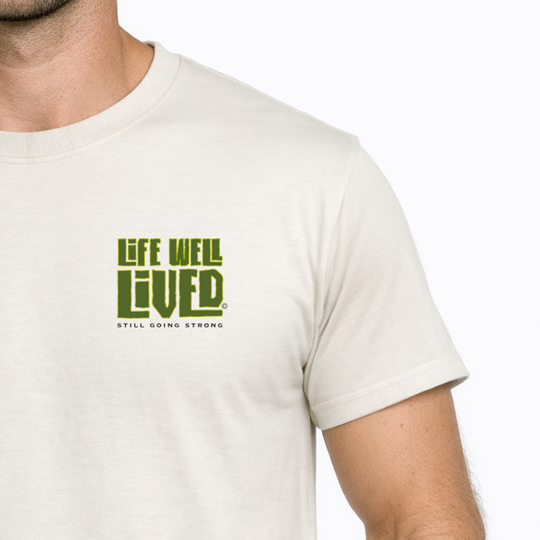 Man wearing a white t-shirt with 'Life Well Lived' text on a white background