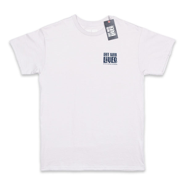 A Mens graphic Tee, depicting a Tuna fish leaping from the water next to a fishing boat, the words Deep Blue Guru are arched above the image with the Life well lived log underneath, all on an Ice grey colour Tee shirt.