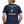 Man wearing a navy blue t-shirt with a graphic design on the back, featuring text and an illustration of a wine bottle and glass.
