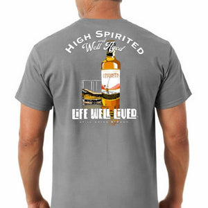 Back view of the grey High Spirited whisky T‑Shirt showing the bottle and glass graphic with High Spirited and Life Well Lived text.