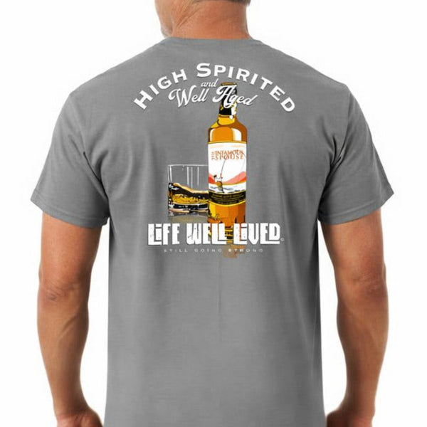 Man wearing a gray t-shirt with a graphic design on the back, featuring a bottle and text.