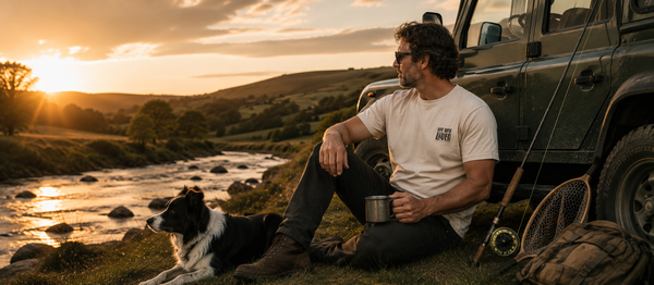 A man sits on the grass beside a river at sunset, wearing a white t-shirt with a small black logo on the left chest, dark trousers, and holding a metal cup. A black and white dog is lying nearby, and a dark off-road vehicle is parked beside him with fishing gear on the ground.