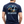 Man wearing a navy blue t-shirt with graphic design and text on the back, standing against a white background.