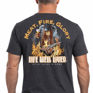 Man wearing a dark gray t-shirt with a graphic design and text on the back, on a white background.