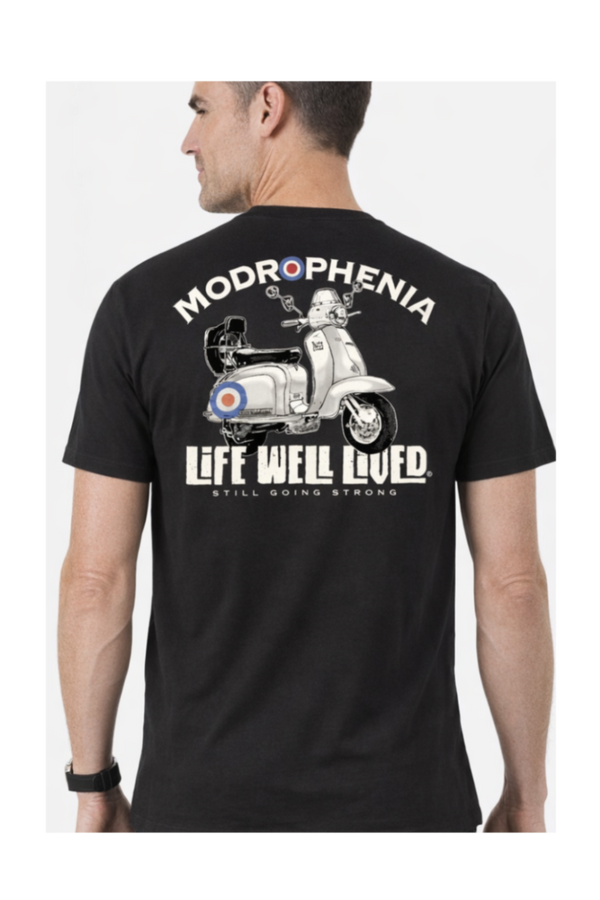 Back view of the black Modrophenia T‑Shirt showing the detailed MOD scooter graphic and Life Well Lived back print.