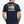 Man wearing a navy blue t-shirt with a graphic and text on the back, standing against a white background.