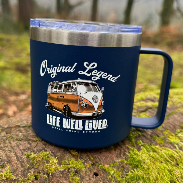 Life Well Lived Original Legend 14oz thermal mug with a classic camper graphic on a Navy insulated travel mug.