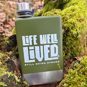 Life Well Lived green hip flask made from stainless steel, ideal for camping, hiking, festivals and gifts.