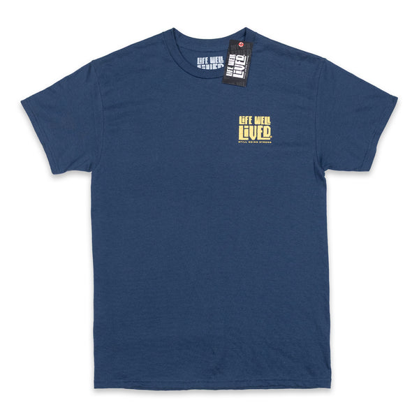 This classic men's back print graphic tee shirt, on Blue dusk colour. Design is of an older style road racer style push bike, above the image of the bike is written 'Professional Cycologist'. Graphics are in a golden yellow colour.