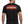 Man wearing a black t-shirt with a red and white logo on the back, on a white background