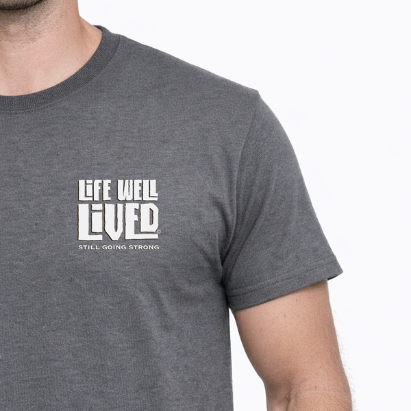 Gray t-shirt with 'Life Well Lived' text on a white background
