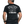 Man wearing a black t-shirt with a motorcycle graphic and text on the back, on a white background