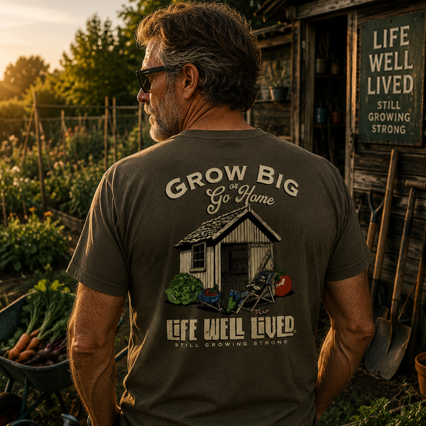 A man wearing a dark olive green graphic t-shirt stands in a garden, viewed from behind. The shirt features a large graphic of a small cabin with vegetables and the text 'GROW BIG Go Game LIFE WELL LIVED STILL GROWING STRONG'.