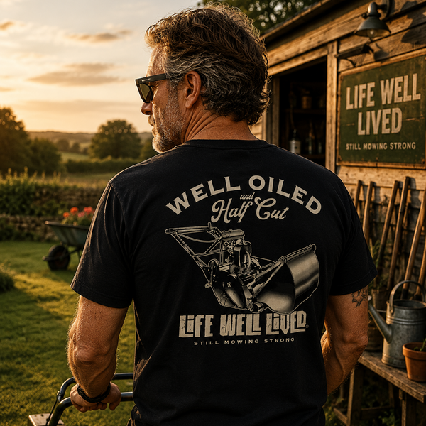 A man viewed from behind wearing a black graphic t-shirt with a large white and gray design on the back, standing in a backyard next to a lawnmower in front of a wooden shed.